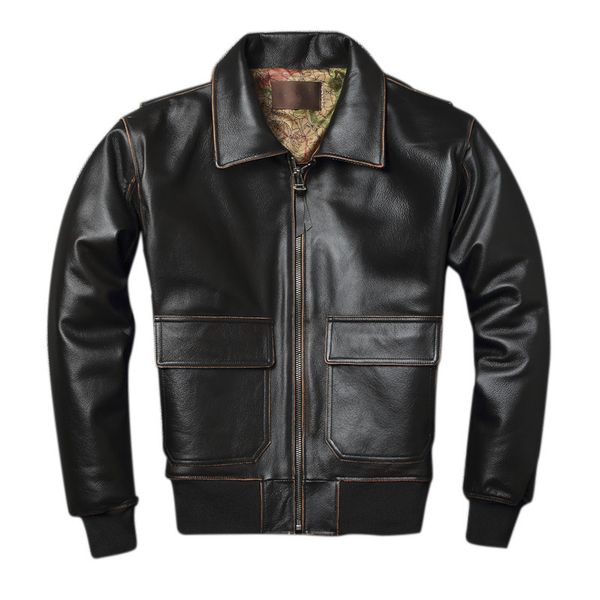 

men's leather & faux 2021 vintage brown men a2 pilot jacket plus size xxxxl map genuine cowhide coat, Black