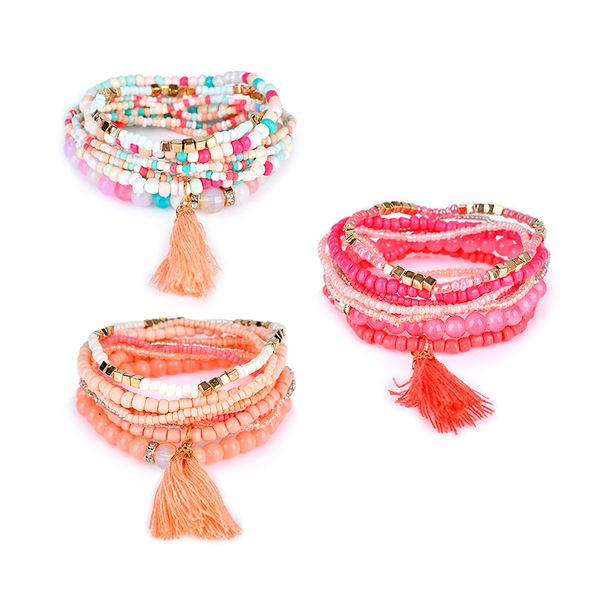 

bohemian beach multilayer crystal beads tassel charm bracelets bangles for women gift wrist mala bracelet jewelry in bulk, Golden;silver