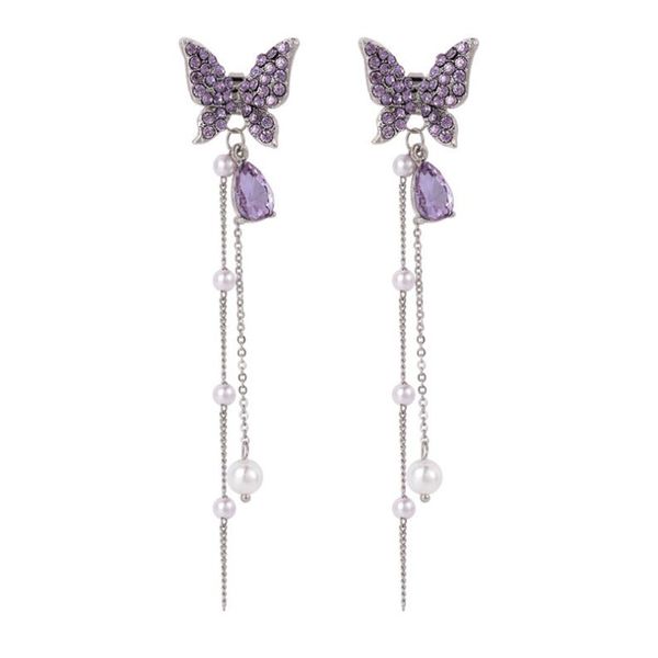 

purple color butterfly rhinestone crystal long tassel drop dangle earring prevent allergy jewelry personality trend accessories, Silver