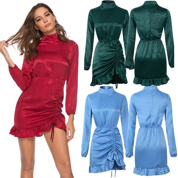 

new spring womens solid ruffle standing collar dress ladies long sleeve mini dress turtleneck slim temperament dresses, Black;gray