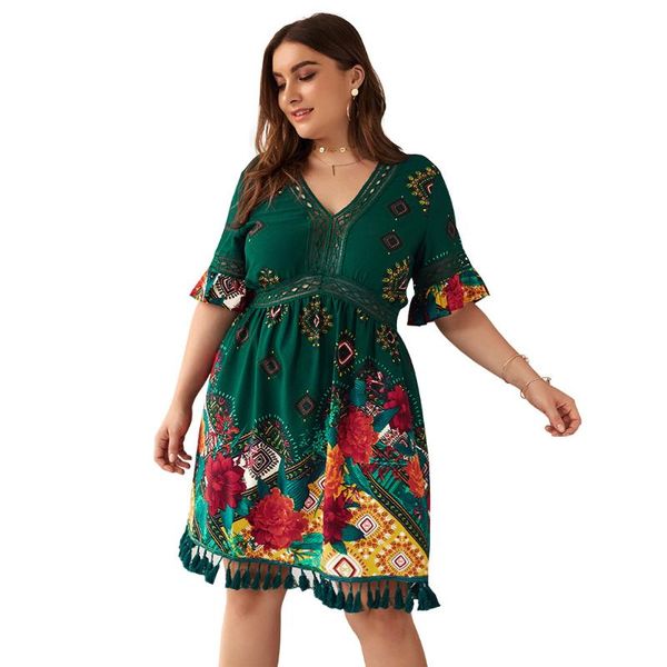 

women's casual dress plus size vestidos v-neck short sleeve flower print waist strap dress for ladies vestidos lx 2xl 3xl 4xl, White;black