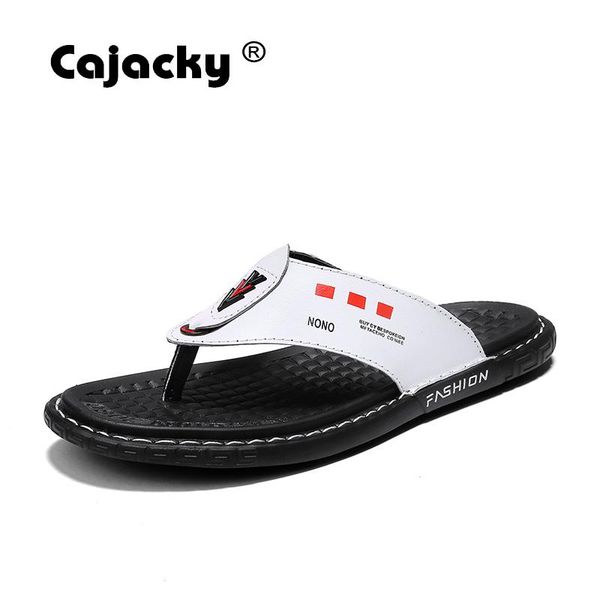 

slippers cajacky men genuine leather flip flops summer breathable shoes big size 38-45 indoor sewing flats, Black