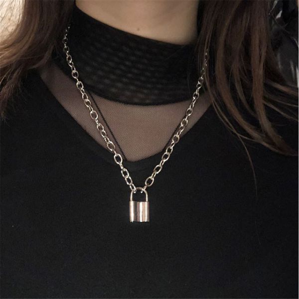 

hiphop brand new stainless steel silver color square padlock pendant necklaces for women men rolo cable chain necklace jewelry
