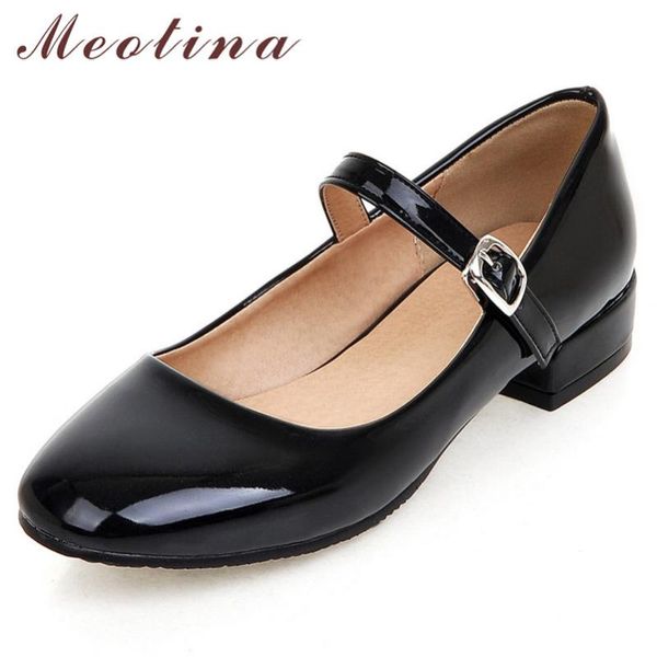

meotina spring flats women shoes patent leather flat mary janes shoes buckle round toe school lady red new plus size 33-43, Black