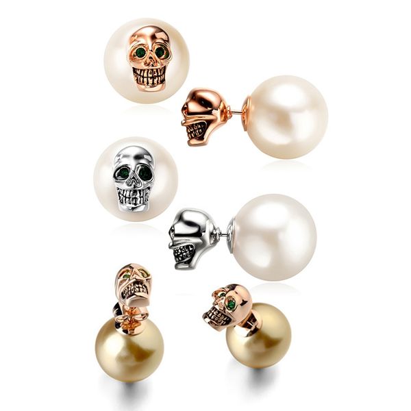 

trendy skull skeleton design stud earring with white pearl fashion earrings for women girls, Golden;silver