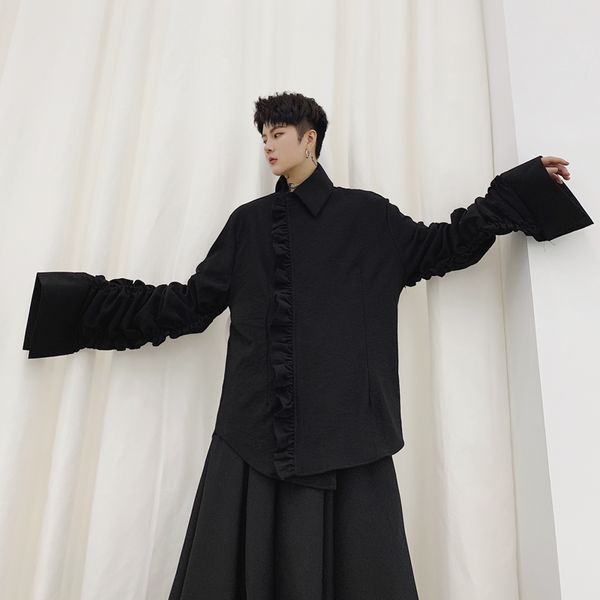 

male pleated flare sleeve vintage fashion gothic coat outerwear stage clothes men japan streetwear casual shirt style jacket, Black;brown