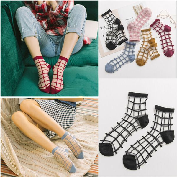 

5 pairs women elastic ultra thin transparent crystal silk lace sock short socks au, Black;white