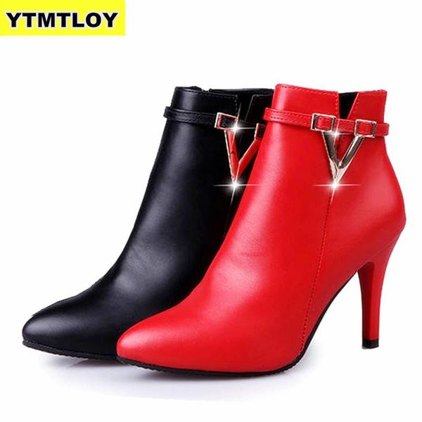 

autumn stiletto thin high heels zipper style womens boots bota feminina pointed toe faux leather green ankle boot, Black