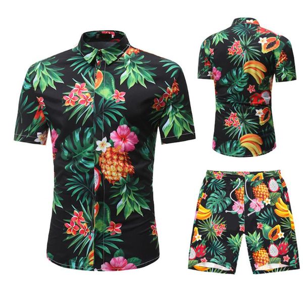 

fashion hawaii floral print shirts men+shorts set men short sleeve shirts casual men clothing sets tracksuit plus size, Gray