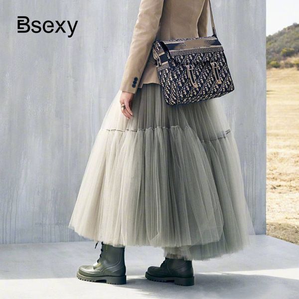 

runway luxury women black skirt 2019 fashion elastic waist ball gown mesh skirts female long voile maxi skirts jupe longue