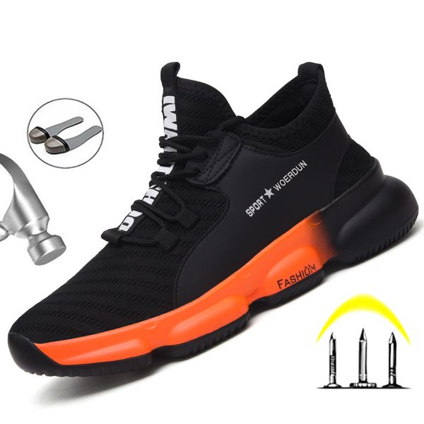 

brand work shoes men steel toe work safety boots puncture-proof men shoes lightweight breathable sneaker male footwear plus size, Black