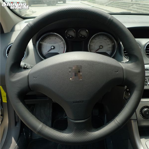 

shining wheat hand-stitched black leather steering wheel cover for old 408 / 308