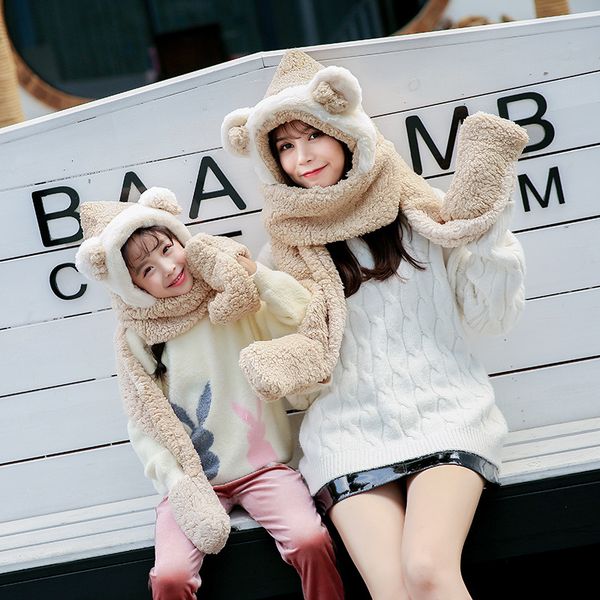 

parent-child winter hat scarf glove women kids lovely bear ear caps scarves cute warm furry mom children hats outdoor snow cap, Yellow