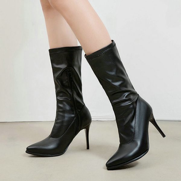 

fashion leopard autumn spring women mid calf boots ladies thin high heel zipper boots black white pointed toe shoes