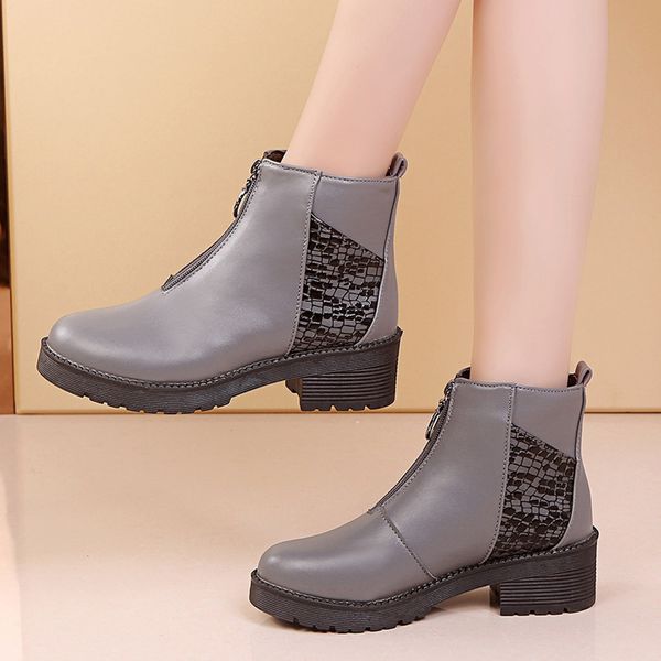 

splicing boots women casual high heel mid-zipper non-slip round toe winter shoes women short boots booties bota feminina, Black