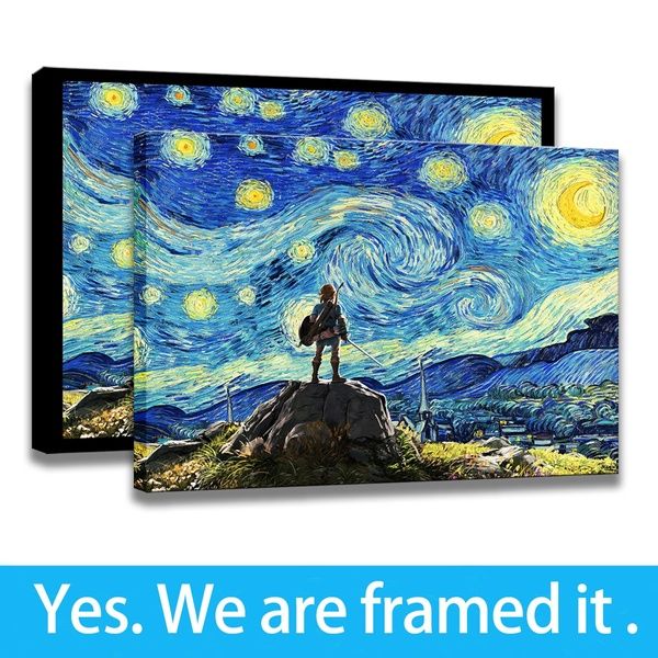 

framed wall art starry night - the legend of zelda - breath of the wild artwork print canvas wall art decor - ready to hang