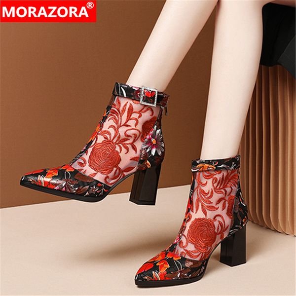 

morazora autumn new fashion women boots classic flowers high heels shoes woman sheepskin leather thick heels ankle boots, Black