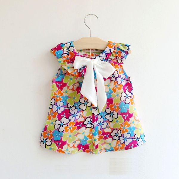 

girls blouses 3 leaf clovers pattern new summer kids clothes bow children pleated sleeveless shirt print toddler girl clothing, White;black