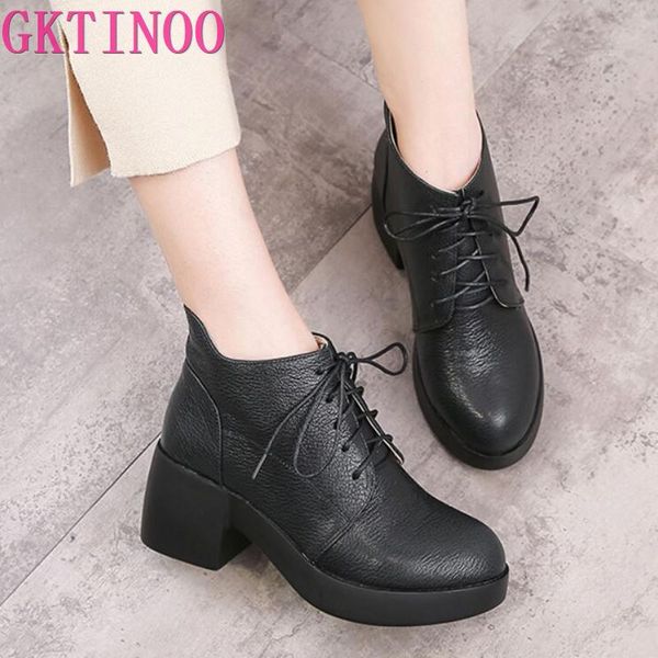 

gktinoo 2019 autumn shoes woman genuine leather winter shoes high heels ankle boots genuine leather handmade retro women boots, Black