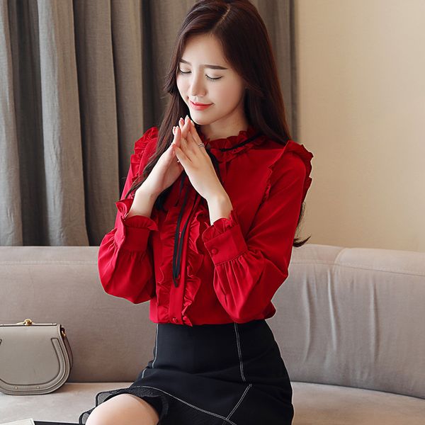

luxury chiffon ruffle collar shirt spring fall fashion women's office career business silk blend blouses lady slim long sleeve shirts, White