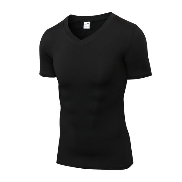 

men v-neck compression sport t-shirt quick dry fitness workout short sleeve 2019, Black;blue