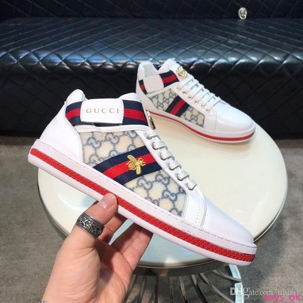 

18ss new italy embroidered bees mens and womens ace genuine leather designer sneakers red luxury casual shoes size 38-44