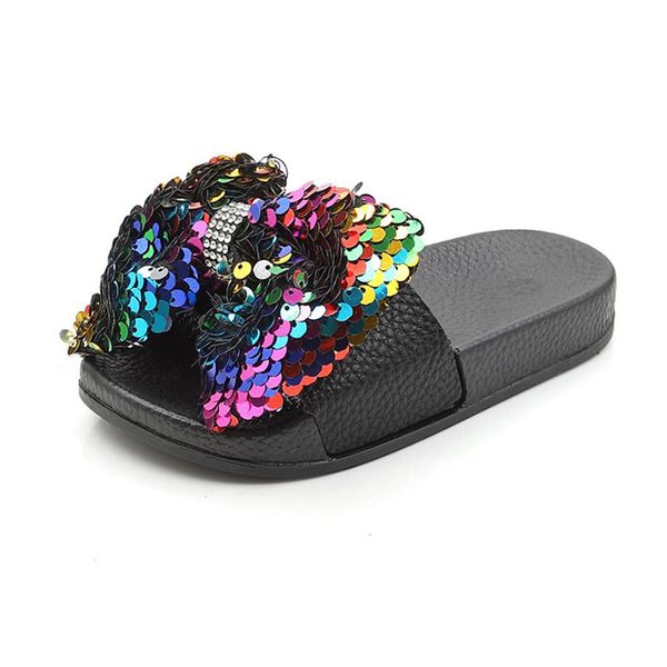 

kids slipper girls slipper girls sparkle sequin rhinestone slides bowknot slippers summer sandals shoes, Black;grey