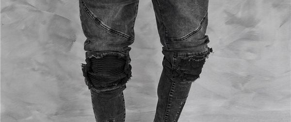 

mens popular vintage zipper hole burrs pencil pants black summer casual mid waist mens jeans, Blue