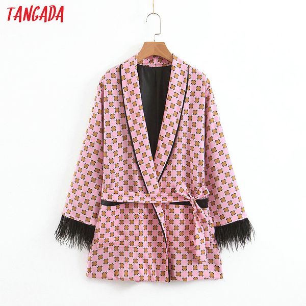 

tangada fashion women dot print blazer feather long sleeve bow with belt notched collar oversize office ladies blazer coat sl356, White;black