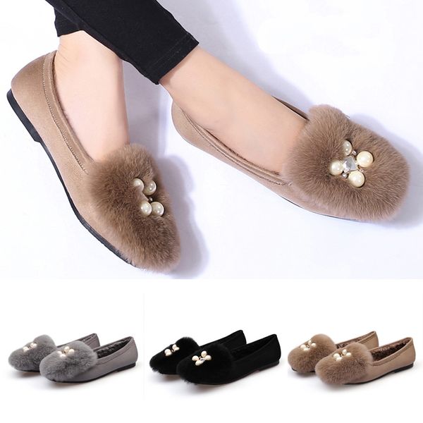 

faux fur women flats shoes autumn suede round toe shallow low heel flat shoes pearl lazy single soft walking bottomed loafers, Black
