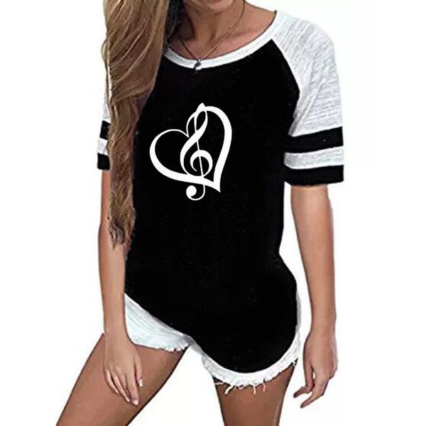 

selling creative heart-shaped music print women's short-sleeved t-shirt music style striped fashion casual t-shirt, White