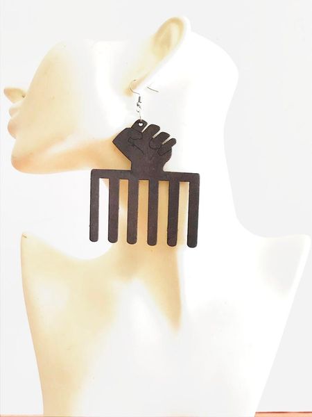 

afro pick drop wooden earrings , hand comb wooden earrings for women, Silver