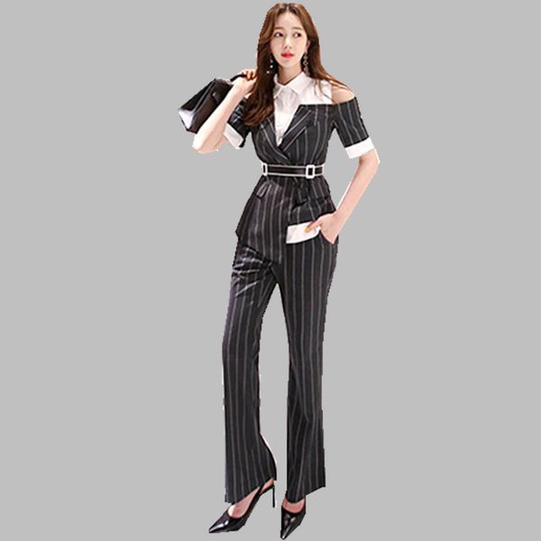 

hamaliel summer formal trousers suits women striped patchwork off shoulder turn down collar shirt + work flare full pant suits, White