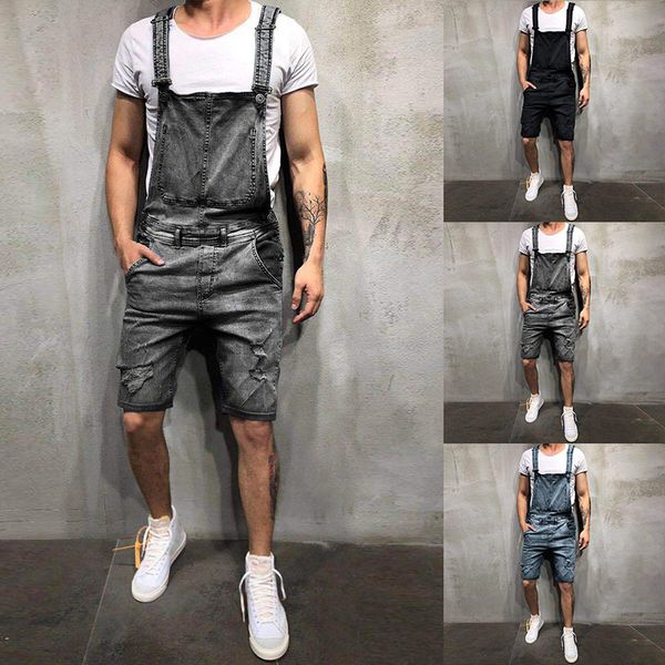 

2019 brand men's ripped jeans jumpsuits shorts summer hi street style distressed denim bib overalls suspender short pants, Blue
