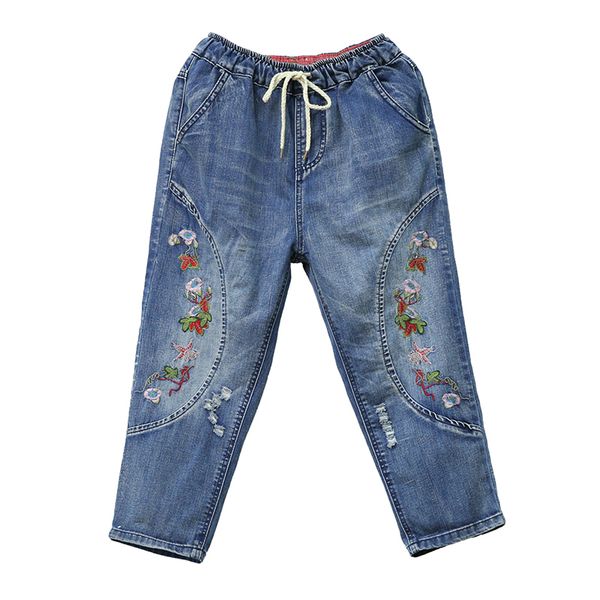 

spring summer high waist jeans woman ripped jeans women vintage floral embroidered harem denim pant cotton pantalon femme, Blue