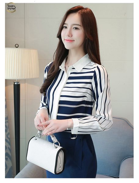 

new fashion korean women blouse long-sleeved thin chiffon blouse striped square collar ol style slim fit women 0924 40, White