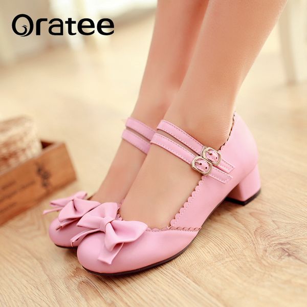 

new japanese sweet lolita bow women pumps 3.8cm low heel mary janes shoes cos student girl shoes tide med heels plus size 31-43, Black