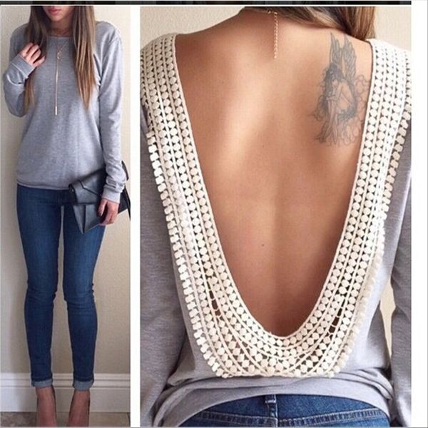 

women's long-sleeved women's t-shirt lace lace long-sleeved t-shirt top, White