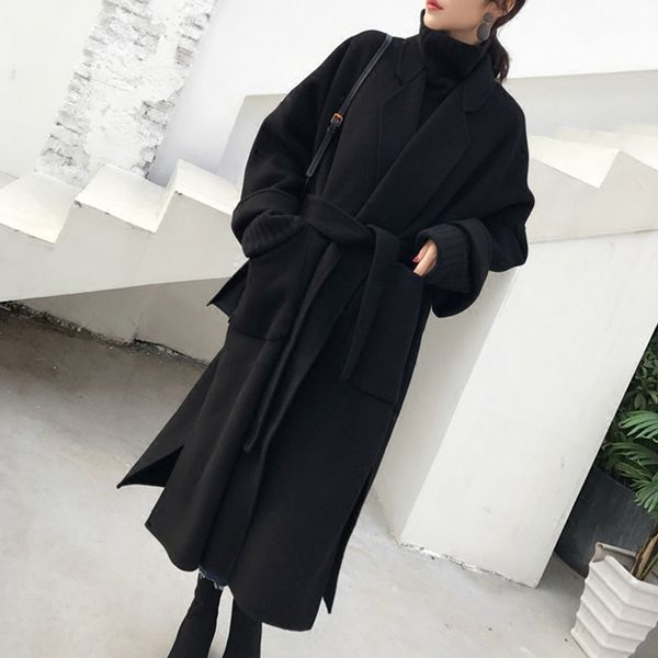 

retro women's winter autumn long sleeve wool blend thicken med long overcoat casual loose trench coats, Black