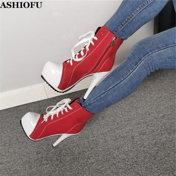 

ashiofu handmade women high heel boots cross-shoelace platform sport-style ankle booties daily wear fashion short boots shoes, Black