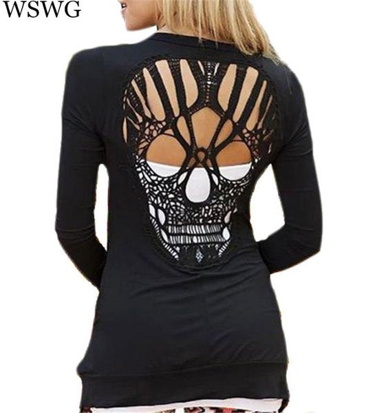 

new fashion skull t shirt women stylish scoop o neck long sleeve hollow out skull pattern t-shirt for womens tees 60293, White