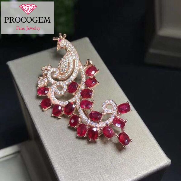 

procogem natural pigeons-blood red ruby brooches for female party phoenix shape genuine gemstones fine jewelry s925 silver #332, Slivery;golden