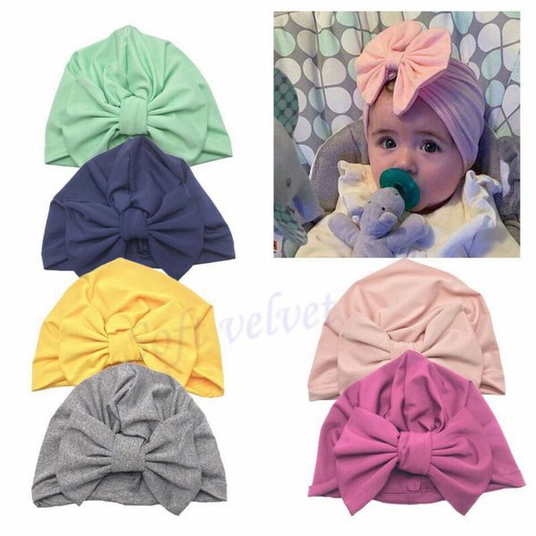 

newborn baby girls turban soft silk beanie bow hat cap wrap headwear headband, Yellow