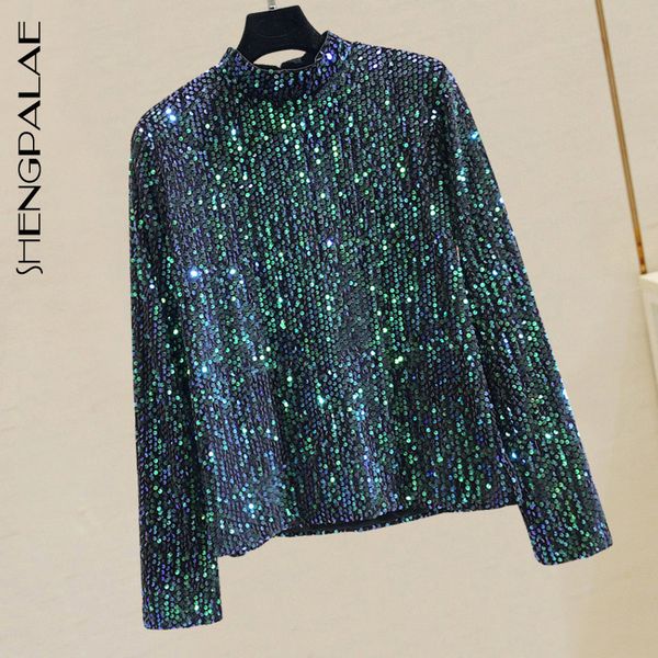 

shengpalae 2020 new fashion spring slim vintage women blouse high waist casual style sequined turtleneck shirt 2751, White