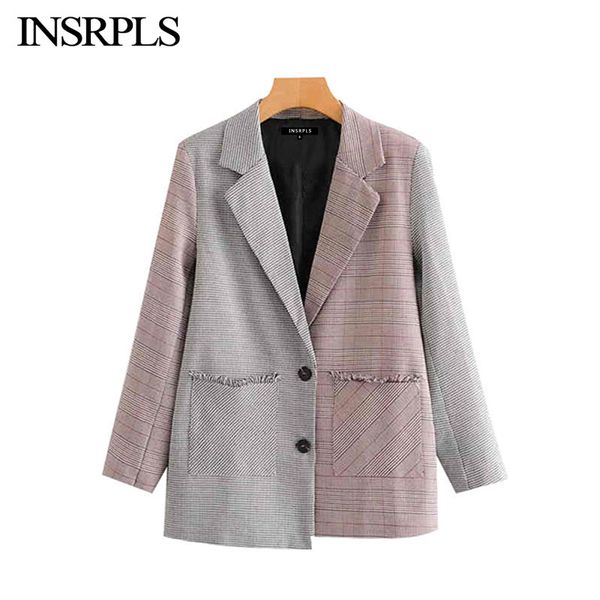 

insrpls women vintage stylish patchwork frayed patchwork blazer coat long sleeve pockets office wear outerwear chic, White;black