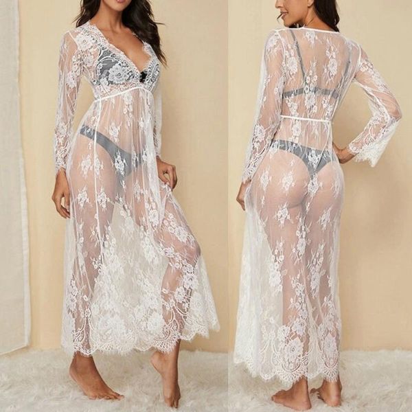 

2020 women summer sleepwear floral lace eyelash floral lace sheer long dress lingerie swimsuit blouse deep v nightdress #38, Black;red