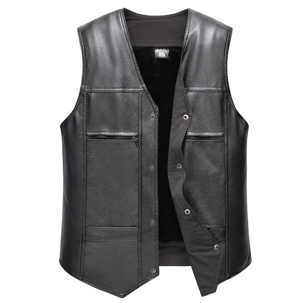 

new arrival autumn winter fashion padded waistcoat thick casual sleeveless short v-neck leather jacket men size  2xl 3xl, Black