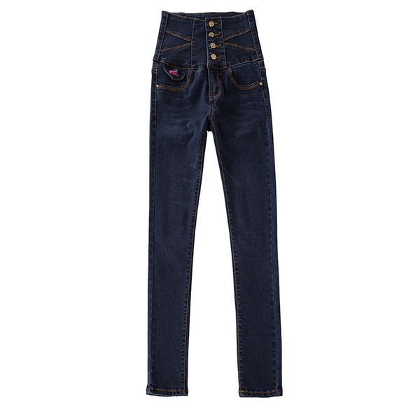 

women stretch high waist skinny embroidery jeans woman 2019 spring summer casual button pencil pants plus size, Blue