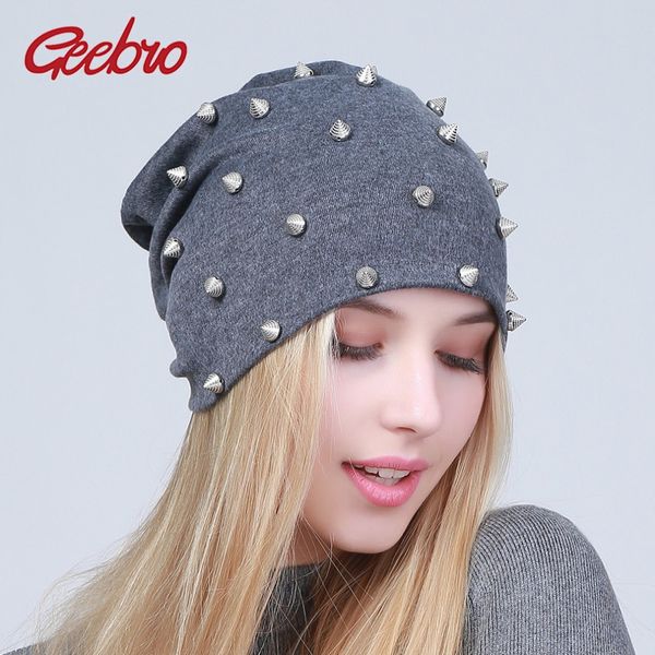 

geebro women's thread rivet slouchy hat 2017 casual warm silver rivet solid beanie hats ladies beanies & skullies 9 colors gs077, Blue;gray