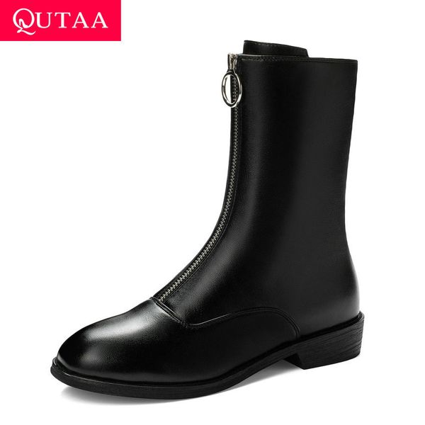 

qutaa 2020 new autumn winter fashion zipper round toe women shoes square heel cow leather pu all match ankle boots size 34-43, Black
